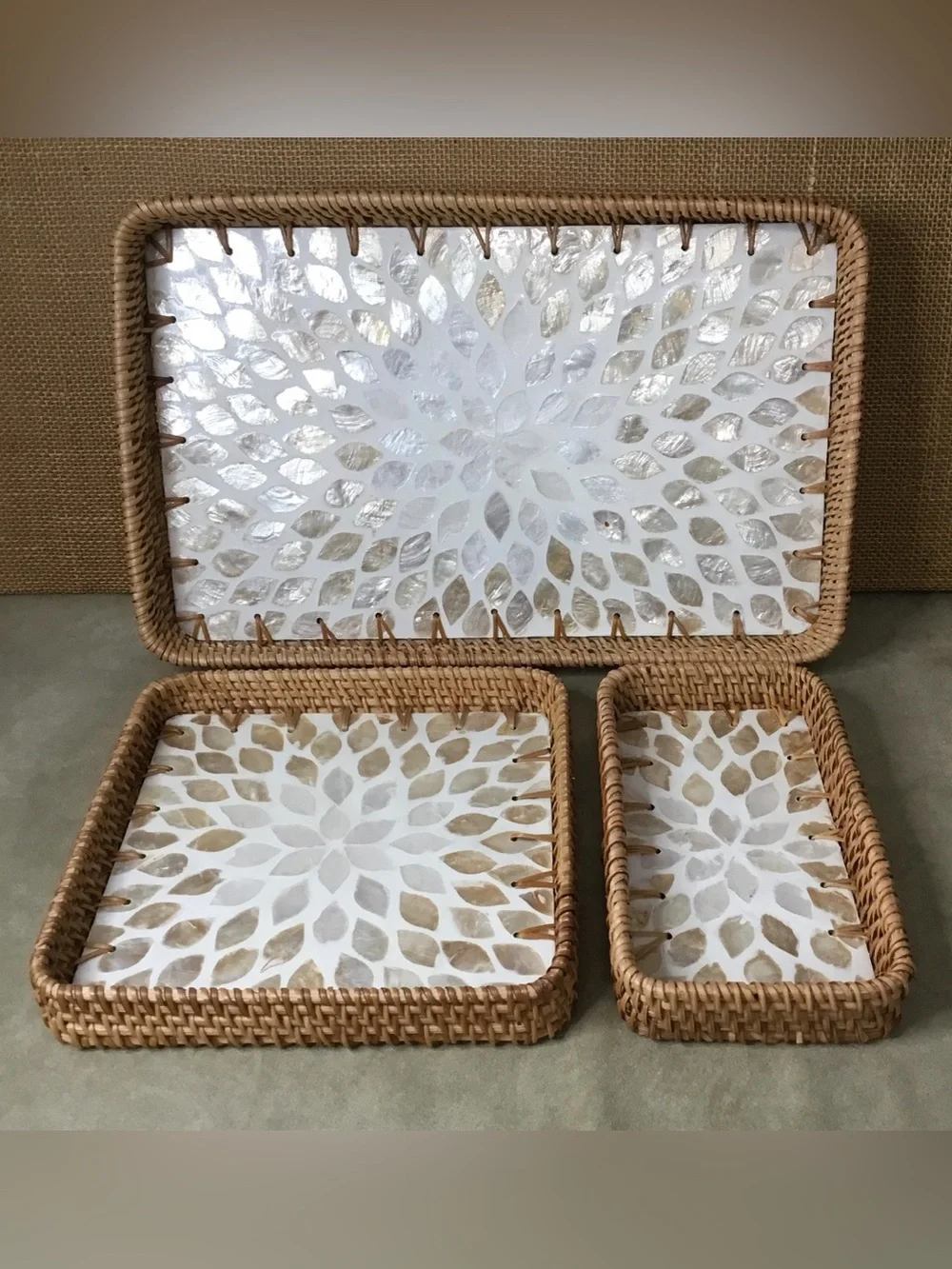 Brazil Station Handwoven Rattan Mother of Pearl Service Tray Set of Three.